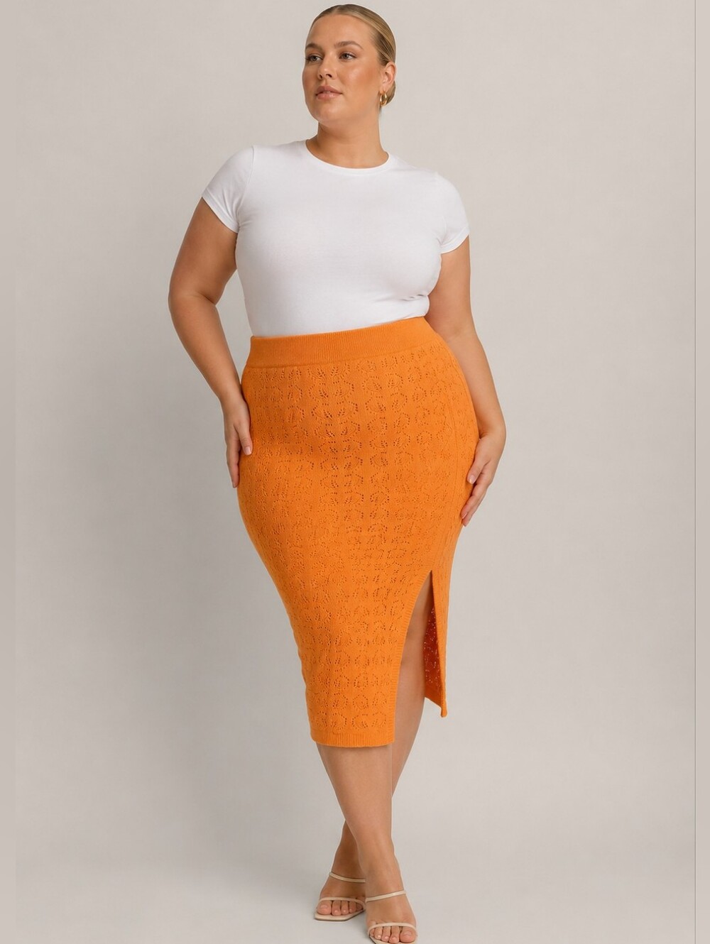 Additionelle Plus Size 1x: NEW Orange Knit Midi Crochet Pencil Skirt